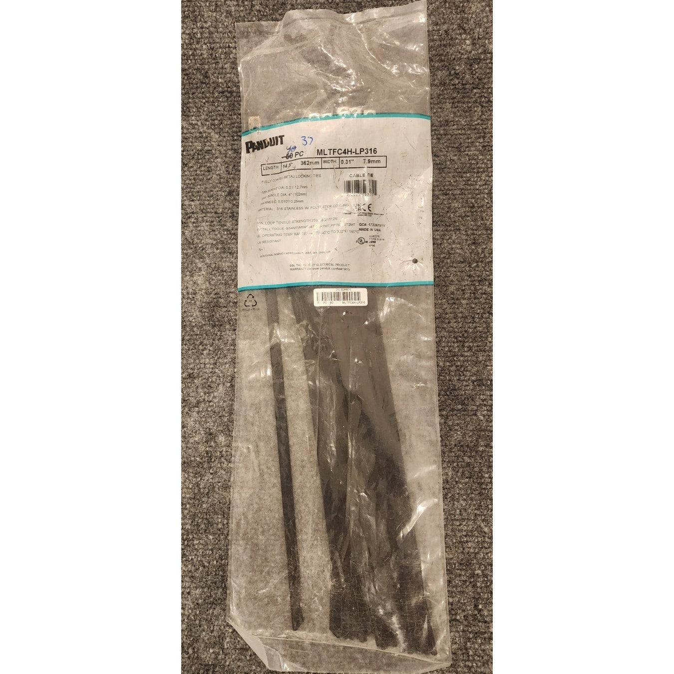 Panduit MLTFC4H-LP316 Stainless Steel Cable Ties 14.3in Black Lot of 37 Open Bag