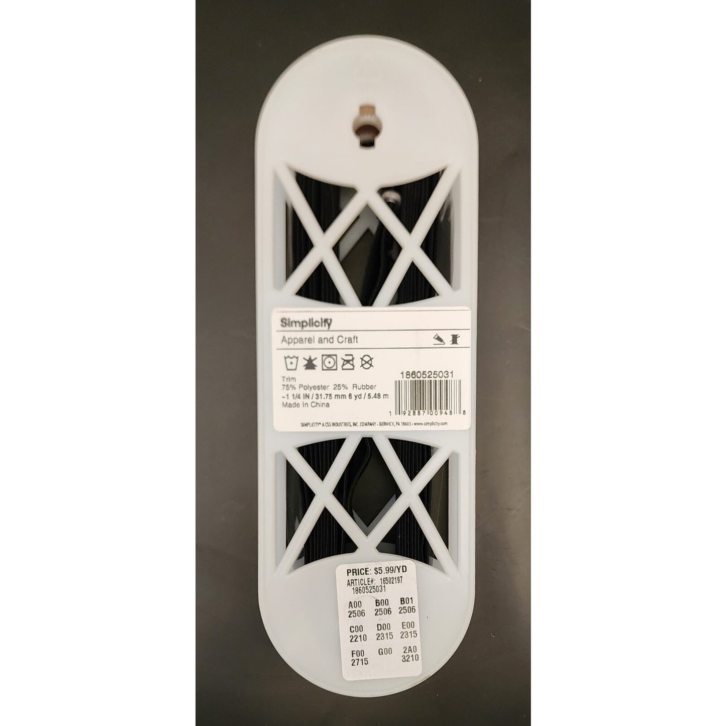 Simplicity- Polyester/Rubber Trim - 1 1/4" X 10yd - Black, 186 0525-031
