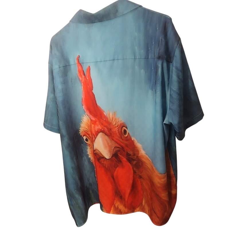 Daddyloco Mens 3XL Rooster Print Blue Green Short Sleeve Button Down Shirt