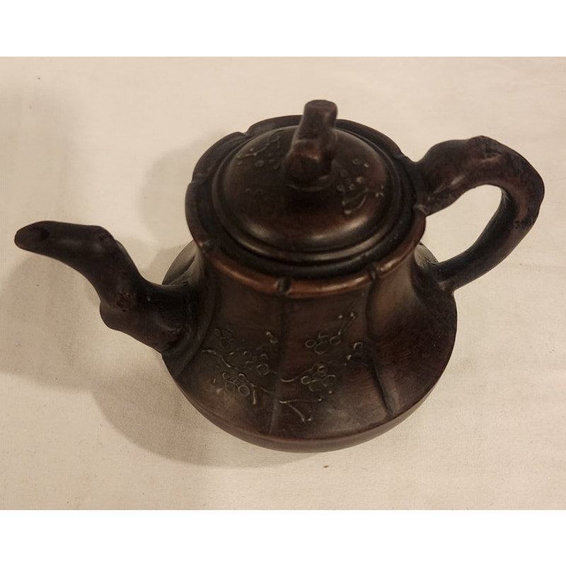 Vintage Yixing‑Style Clay Teapot – Dual Marks – Hand‑Carved – 6"