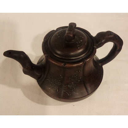 Vintage Yixing‑Style Clay Teapot – Dual Marks – Hand‑Carved – 6"