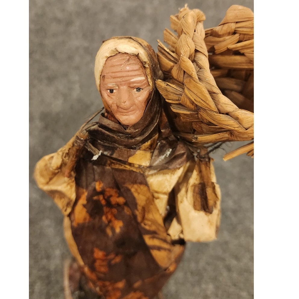 Vintage Handmade Mexican Folk Art Paper Mache Woman Back Wicker Basket Figurine