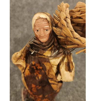 Vintage Handmade Mexican Folk Art Paper Mache Woman Back Wicker Basket Figurine