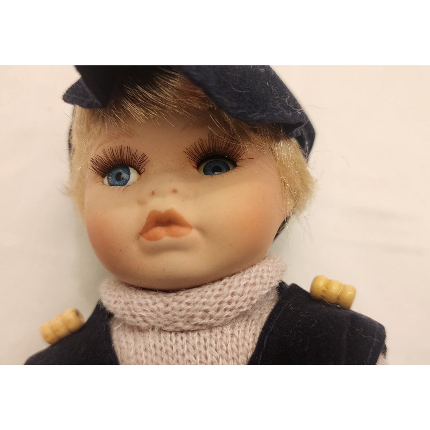 Vintage porcelain doll - 8.5" Inches Tall - Soft Body, Cute Outfit - Bad Eye