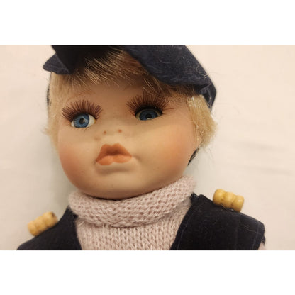 Vintage porcelain doll - 8.5" Inches Tall - Soft Body, Cute Outfit - Bad Eye