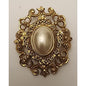 Faux Pearl - Scalloped Filigree Oval Brooch Pin - Gold Toned