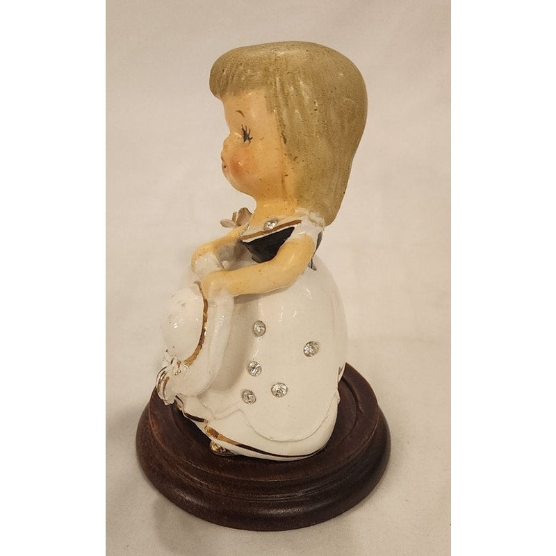 Vintage Wade Japan Angel Bell Figurine on Wooden Stand 5"