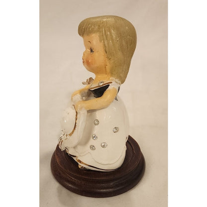 Vintage Wade Japan Angel Bell Figurine on Wooden Stand 5"