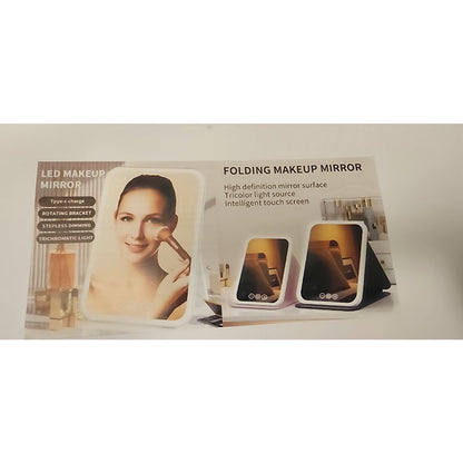 White Folding Lighted Makeup Mirror with 3 Color Light Modes USB Rechargeable