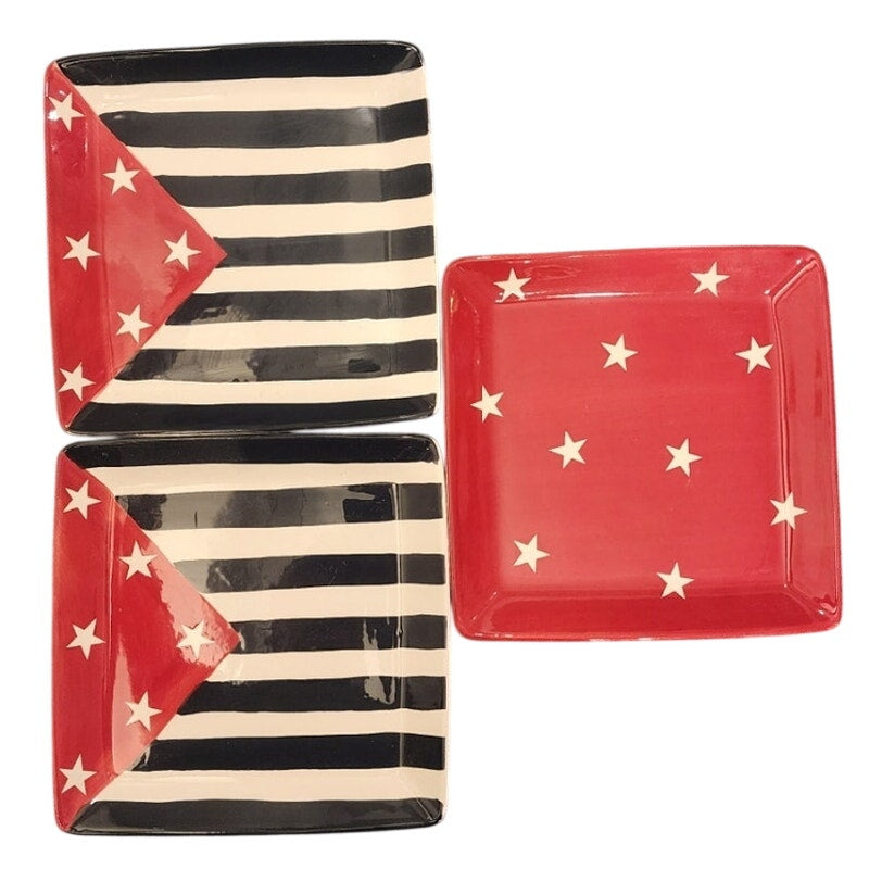 Hausenware Patriotic Plates 8.25 Inch Square Set of 3 American Flag Stars