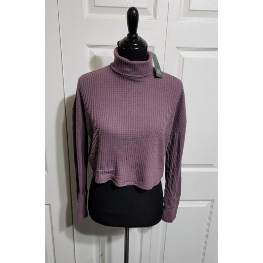 Women's Long Sleeve Turtleneck Cropped Shirt - Dark Mauve - waffle material - M
