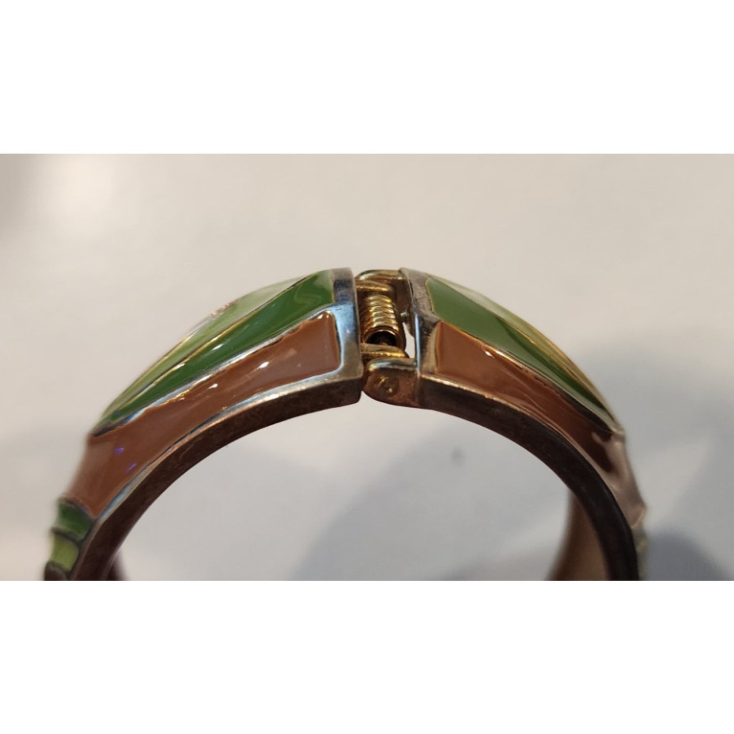 Green, Rust, Tan and Goldtone - Enamel - Hinged Spring - Clasp Bracelet