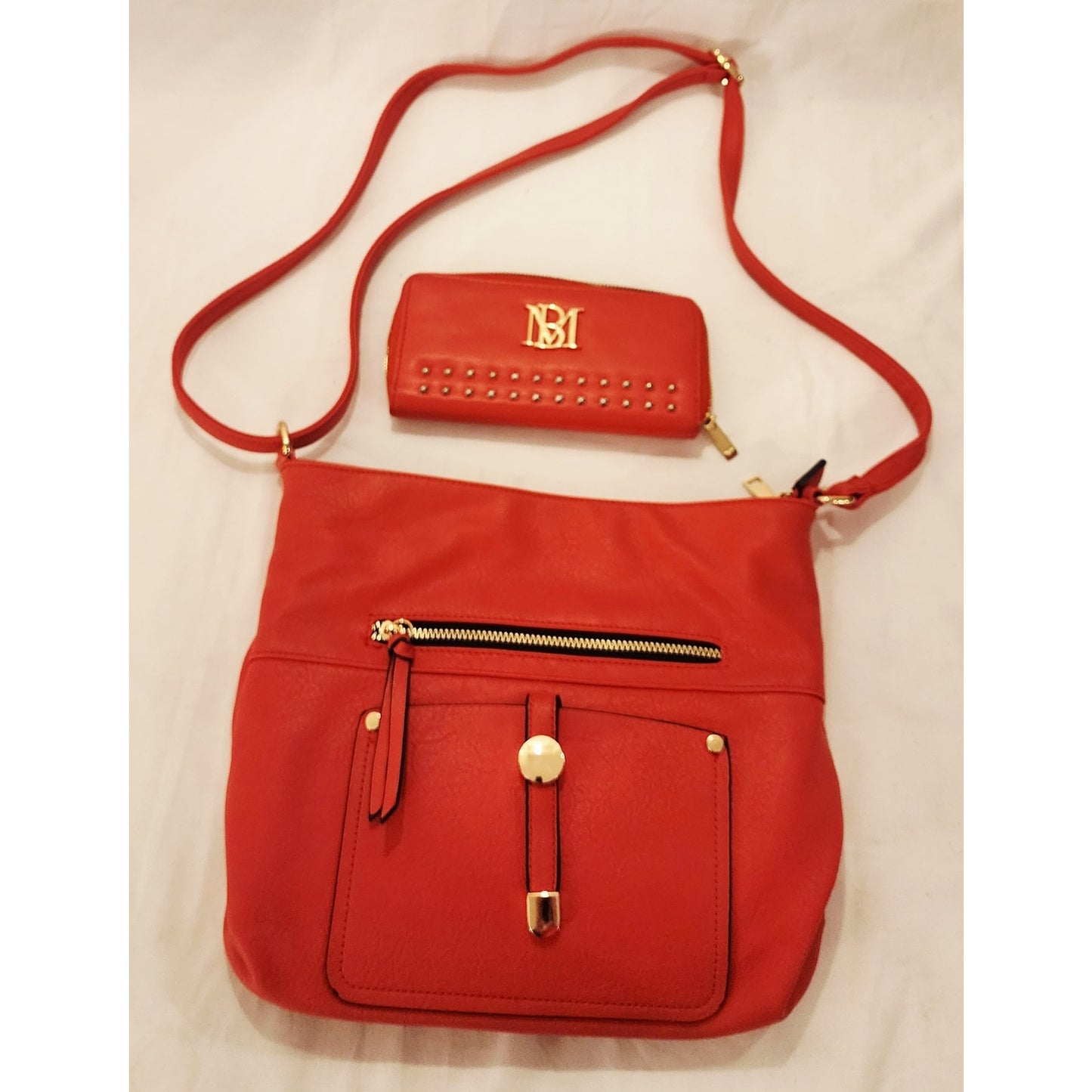 Badgley Mischka Orange Studded Vegan Leather Wallet and Crossbody Bag Set