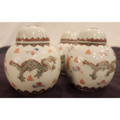 Set of 4 Chinese Porcelain Dragon Jars – Jingdezhen Mark – 3.5" – Lidded