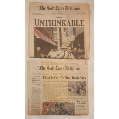 9/11 newspaper - Salt Lake Tribune 9/12/2001 - and 10/11/2001 1 month after