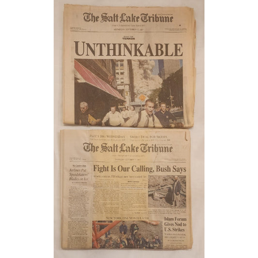 9/11 newspaper - Salt Lake Tribune 9/12/2001 - and 10/11/2001 1 month after