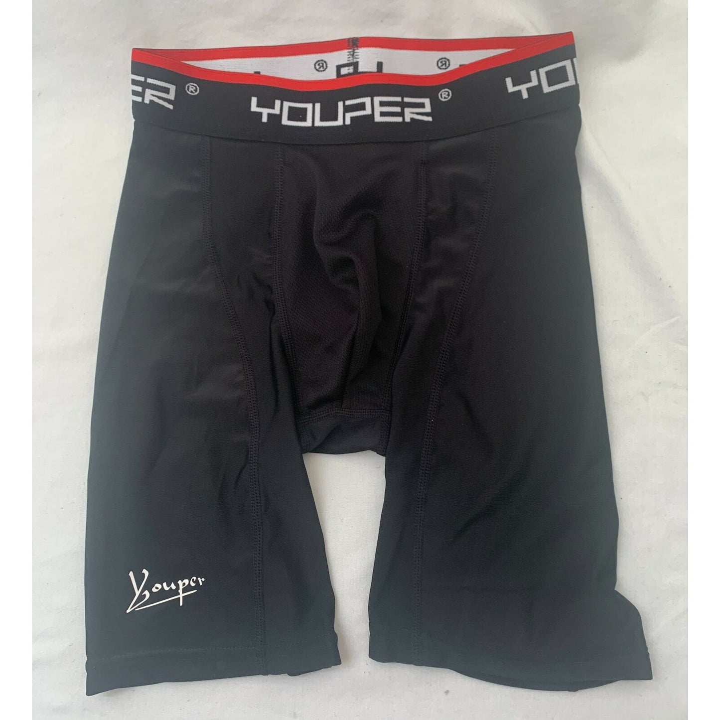 Youper -Padded Sliding Shorts - Size YM -Black with Red Accent and White Letters