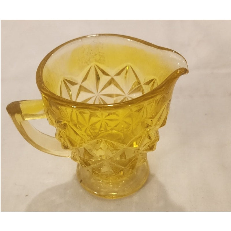 Yellow Pressed Glass Creamer Diamond Pattern –Vintage Small Pitcher - 3.75" Tall