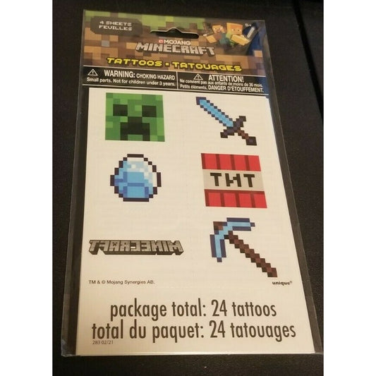 Minecraft Mojang Tattoos 4 Sheets of 6 Tattoos- 24 In Total - New! Free USA Ship
