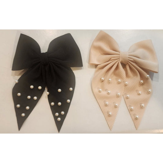 Cream and Black Hair Bow Clips with Faux Pearls - Approx. 5" W x 6" H
