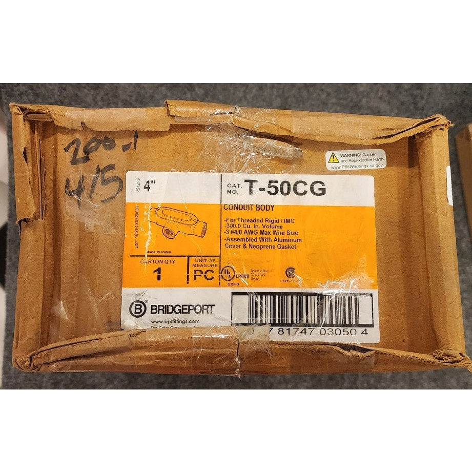 Bridgeport T-50CG 4 in. Conduit Body Aluminum Cover Neoprene Gasket Kit Open Box