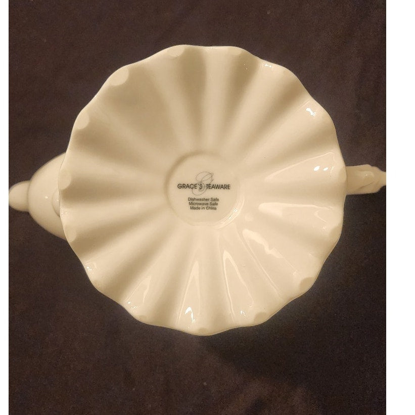 Grace's Teaware White Embossed Ribbed Porcelain Teapot 5 Inch Handle to Spout 9"