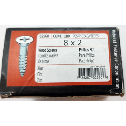 Box of 100 - Wood Screws- 8 x 2 - MIDWEST FASTENER CORP- Phillips Flat - Zinc