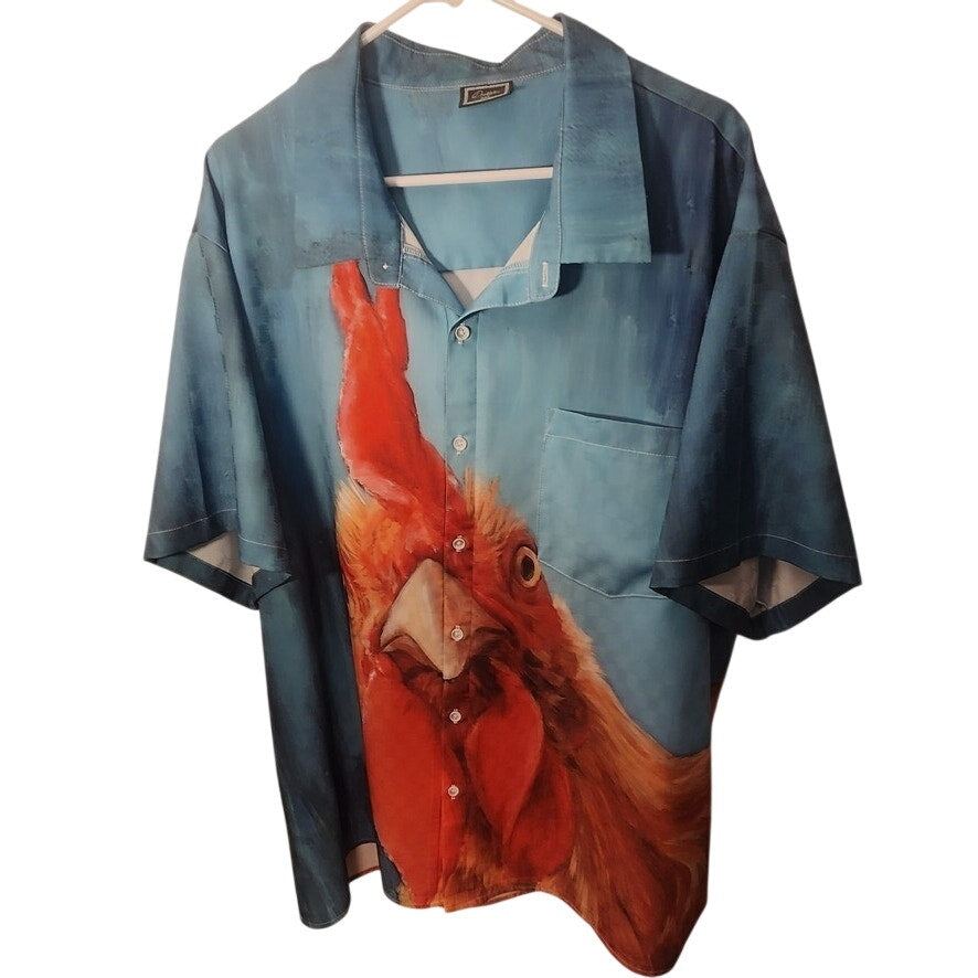 Daddyloco Mens 3XL Rooster Print Blue Green Short Sleeve Button Down Shirt