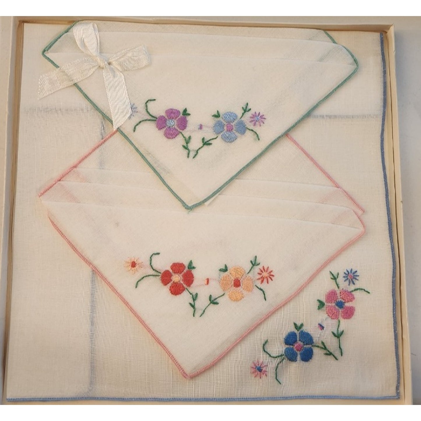 2 Different - Vintage Embroidered Handkerchief Sets - Same Box - All Cotton