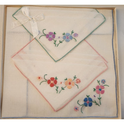 2 Different - Vintage Embroidered Handkerchief Sets - Same Box - All Cotton