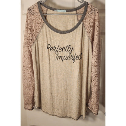 Maurices Perfectly Imperfect Graphic Top XL Lace Raglan Long Sleeve Tan