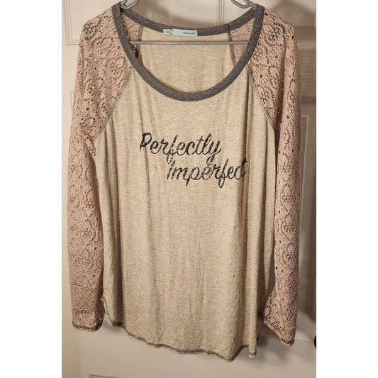 Maurices Perfectly Imperfect Graphic Top XL Lace Raglan Long Sleeve Tan