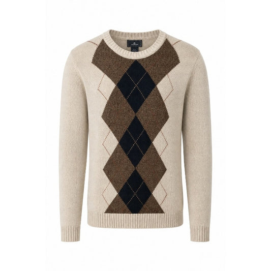 Dockers Mens XL Argyle V-Neck Sweater Cream Beige Navy Blue Pullover