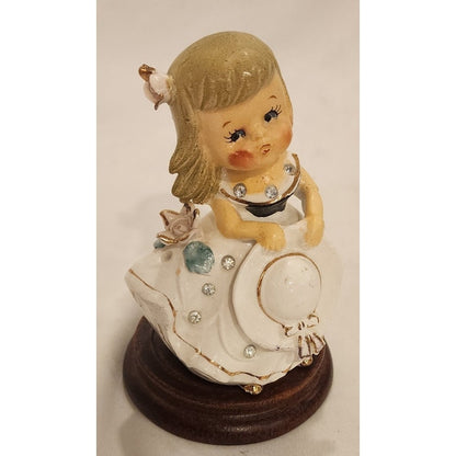 Vintage Wade Japan Angel Bell Figurine on Wooden Stand 5"