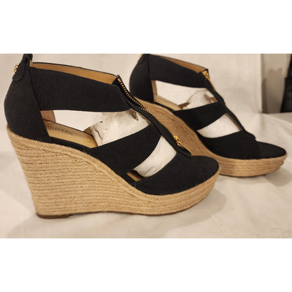 Michael Kors Damita Black Canvas Wedge Sandals Women's 10M Original Box