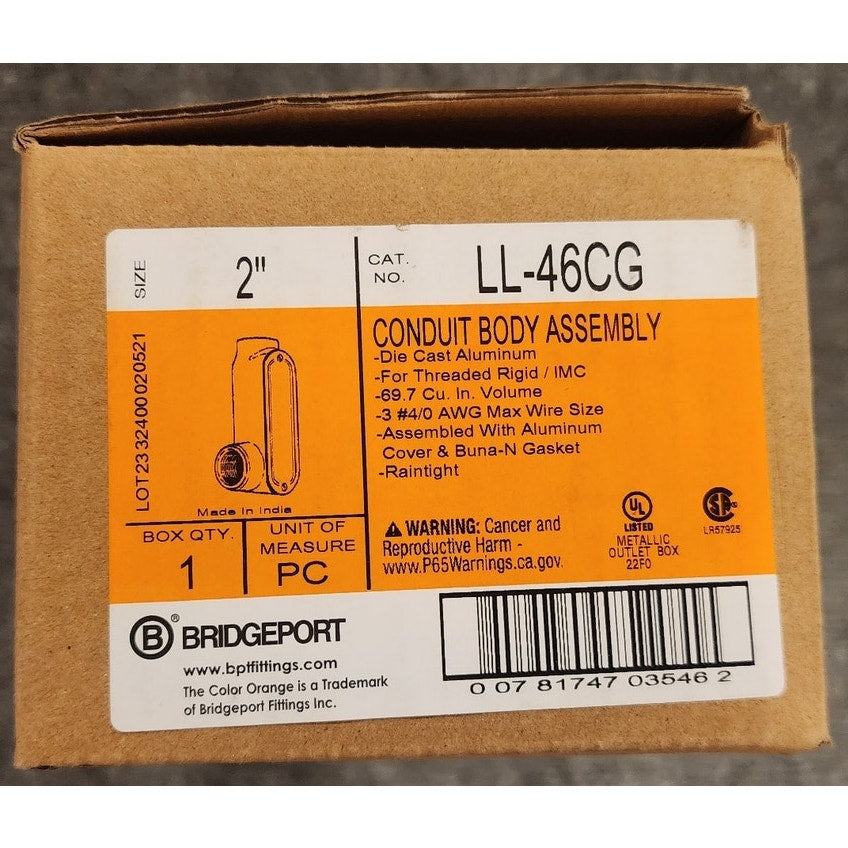 Bridgeport LL-46CG 2 in Conduit Body Aluminum Cover Neoprene Gasket Kit Open Box