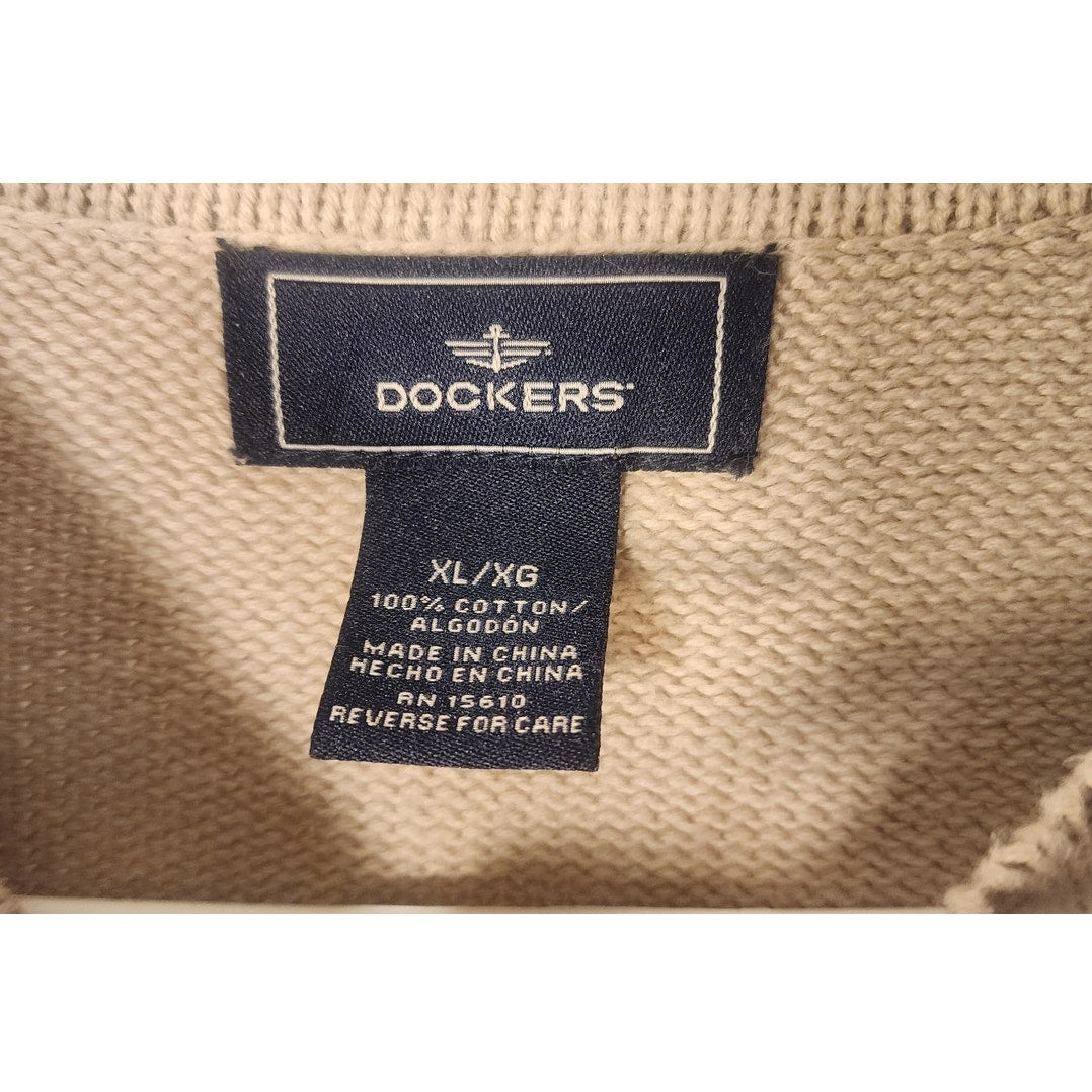 Dockers Mens XL Argyle V-Neck Sweater Cream Beige Navy Blue Pullover