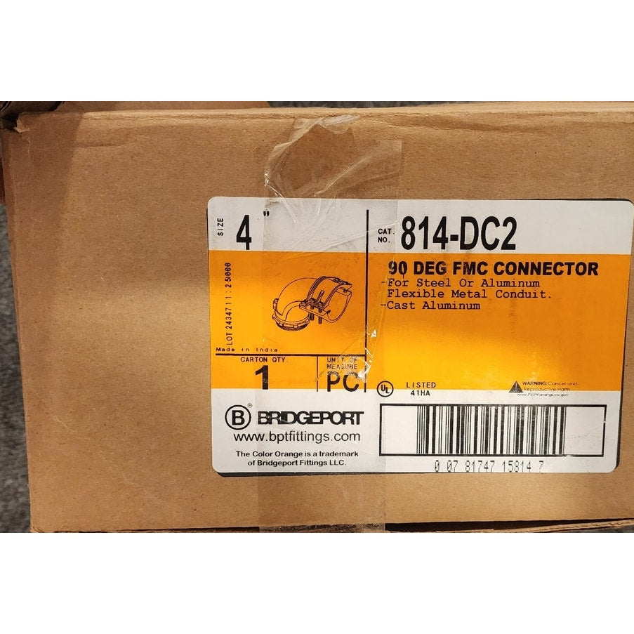 Bridgeport 814-DC2 4 in. 90 Deg FMC Connector Flexible Metal Conduit Fitting NIB