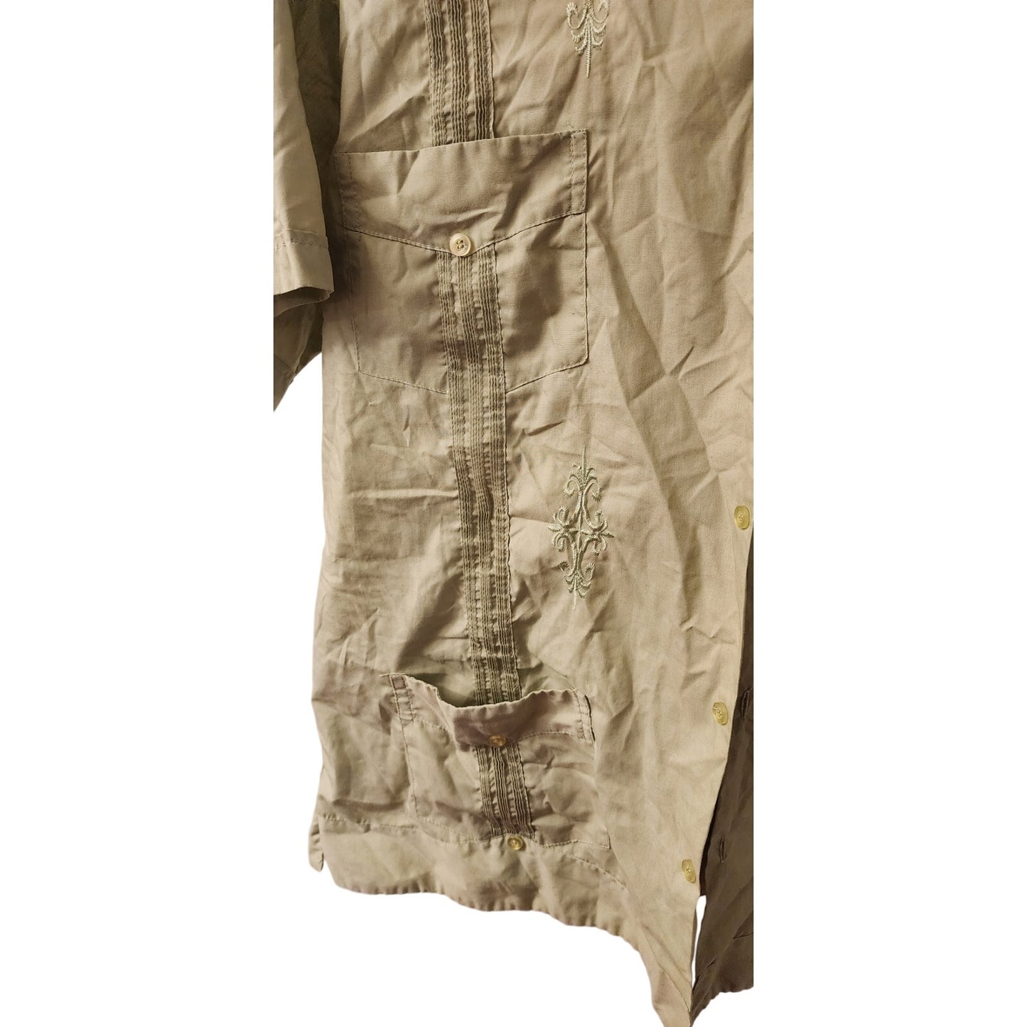 YAX‑IC Guayabera Shirt 46 Light Olive 4‑Pocket Embroidered Mexico