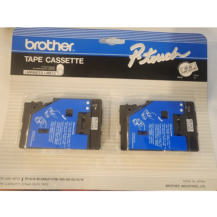 Brother P-Touch Tape Cassette 2 Pack Laminated Black On White 1/2 in New Sealed