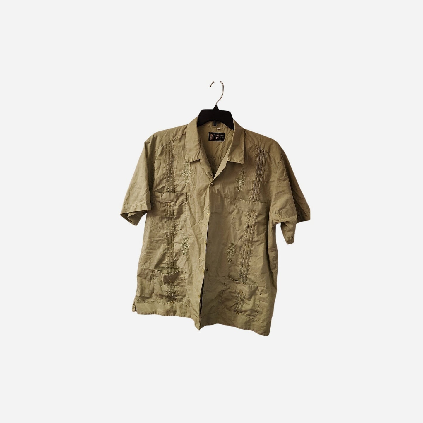 YAX‑IC Guayabera Shirt 46 Light Olive 4‑Pocket Embroidered Mexico