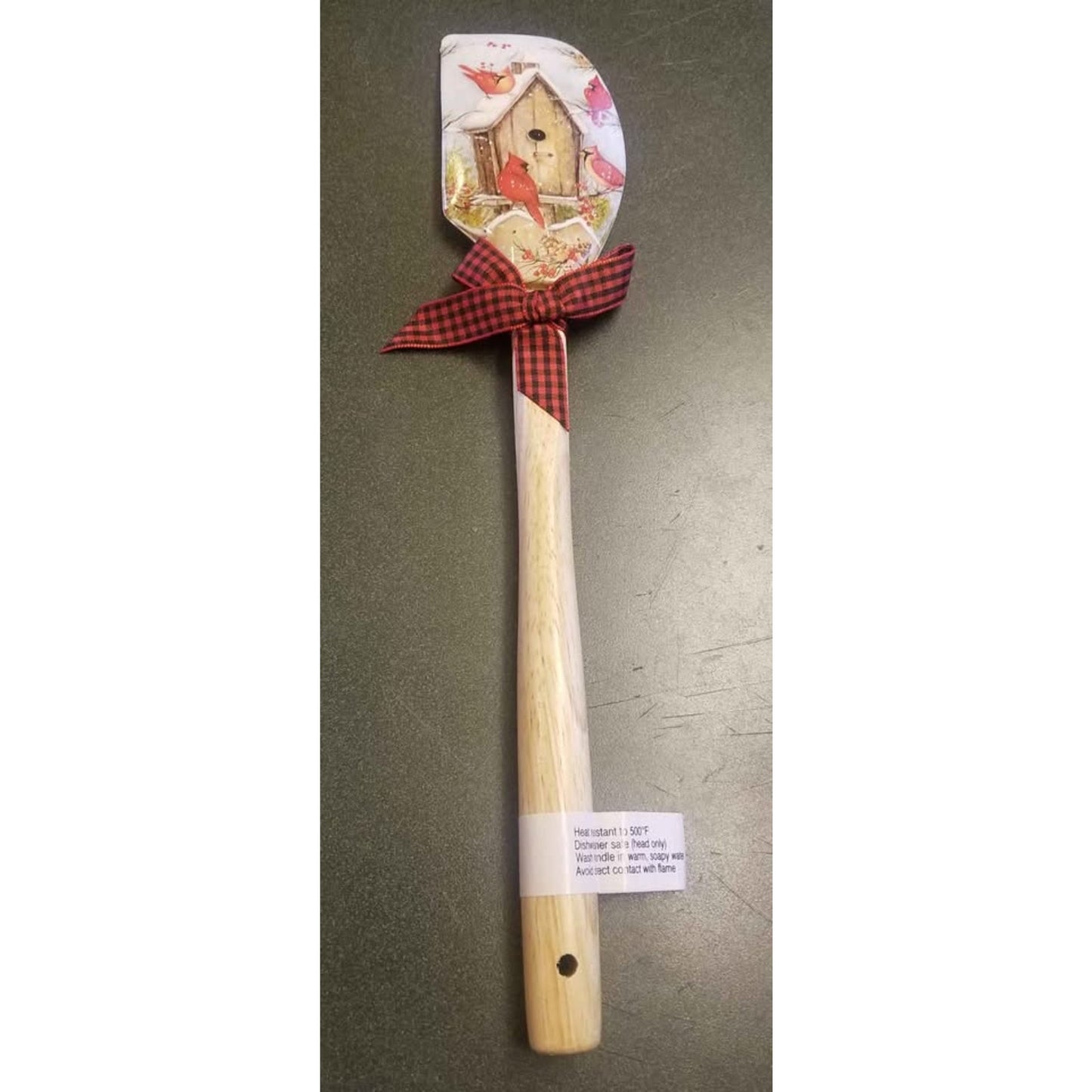 Rubber spatula with cardinal and bird house design