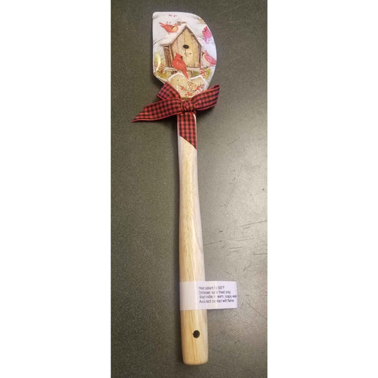 Rubber spatula with cardinal and bird house design