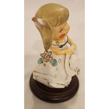 Vintage Wade Japan Angel Bell Figurine on Wooden Stand 5"