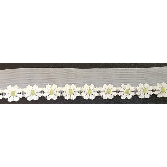 3 Yards - 1-1/4" Daisy Lace Ribbon Trim - Green and White