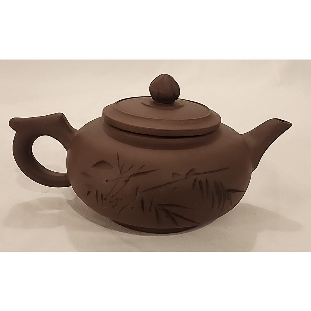 Yixing‑Style Zisha Clay Teapot w/ Lid– Bamboo Carved– 6.5" – Chinese Clay Teapot