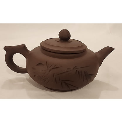 Yixing‑Style Zisha Clay Teapot w/ Lid– Bamboo Carved– 6.5" – Chinese Clay Teapot