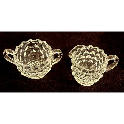 Vintage Pressed Glass Cream & Sugar Set Honeycomb Pattern Seed Bubbles 2.5" Tall