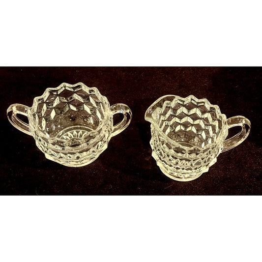 Vintage Pressed Glass Cream & Sugar Set Honeycomb Pattern Seed Bubbles 2.5" Tall