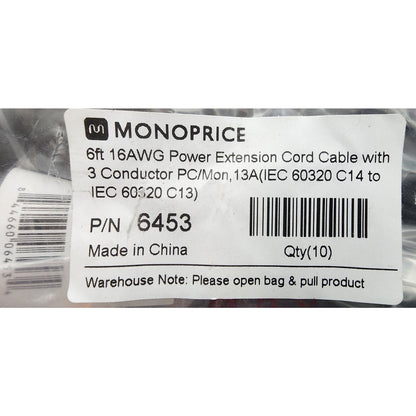 Lot 10 - Monoprice 6453 6 Ft. - Power Extension Cable - 3 Conductor - PC-Monitor
